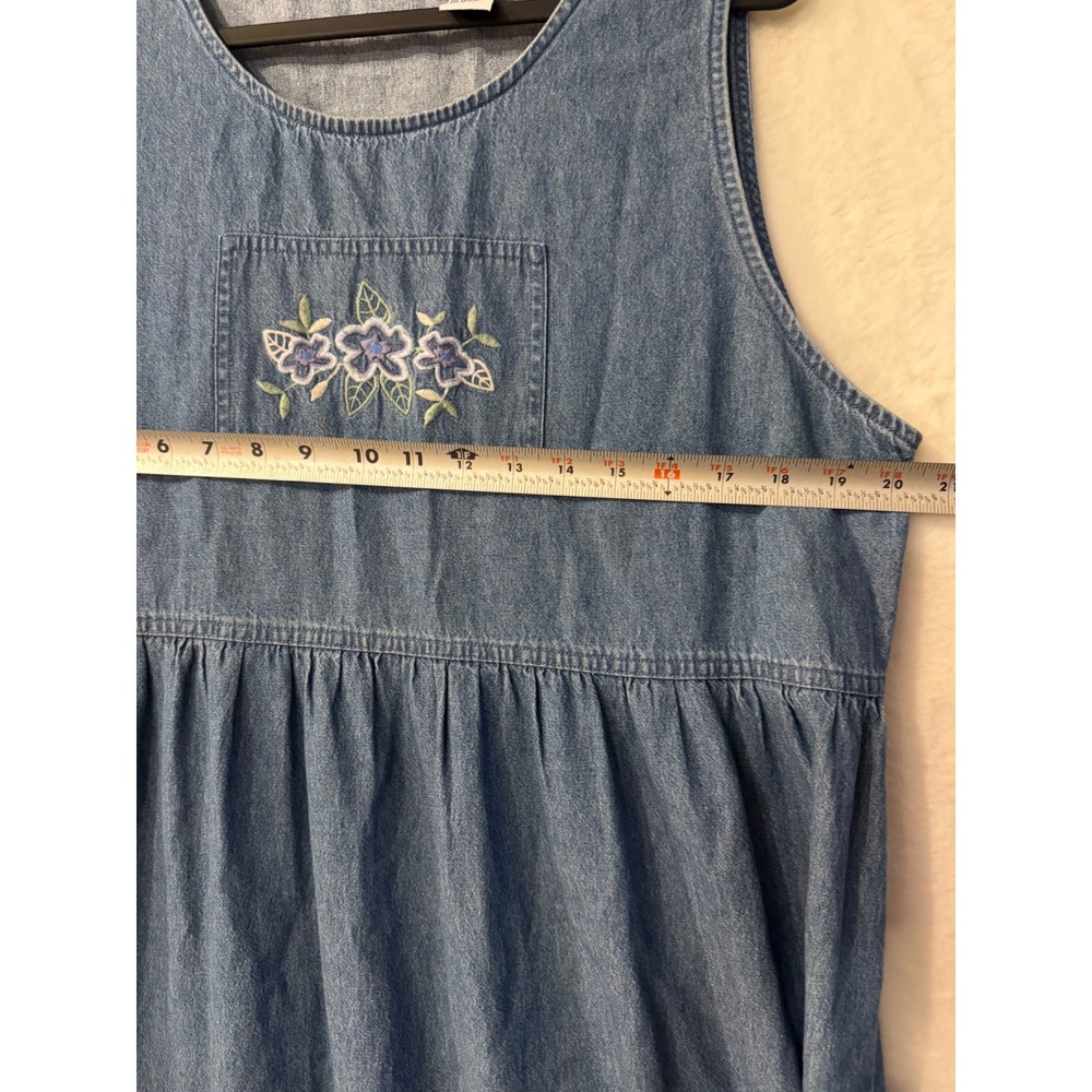 Erika & Co Denim Dress Womens XL Blue Cotton Floral Embroidered Midi Sleeveless - Picture 9 of 9